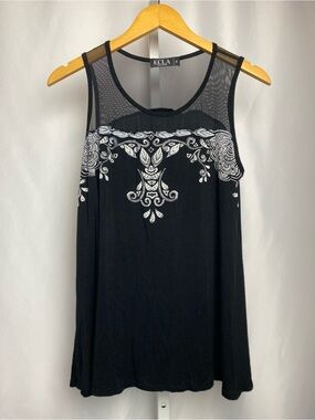 Ecla Women’s Black with White Embroidery Sleeveless Tank with Mesh Upper Yoke M